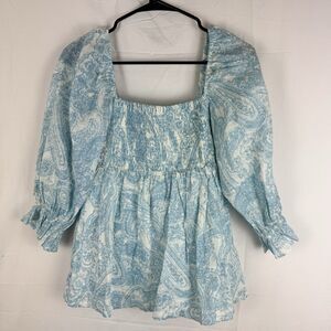 Anthropologie Faithfull The Brand 100% Linen Smocked Blouse Sz 6 Babydoll